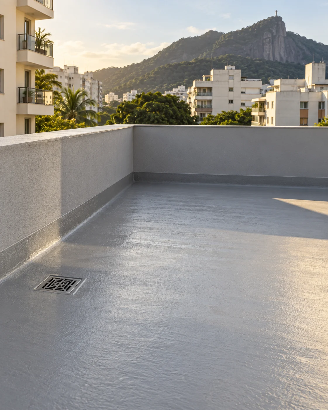 Laje com superfície impermeabilizada e ralo, cercada por edifícios e montanhas do Rio.