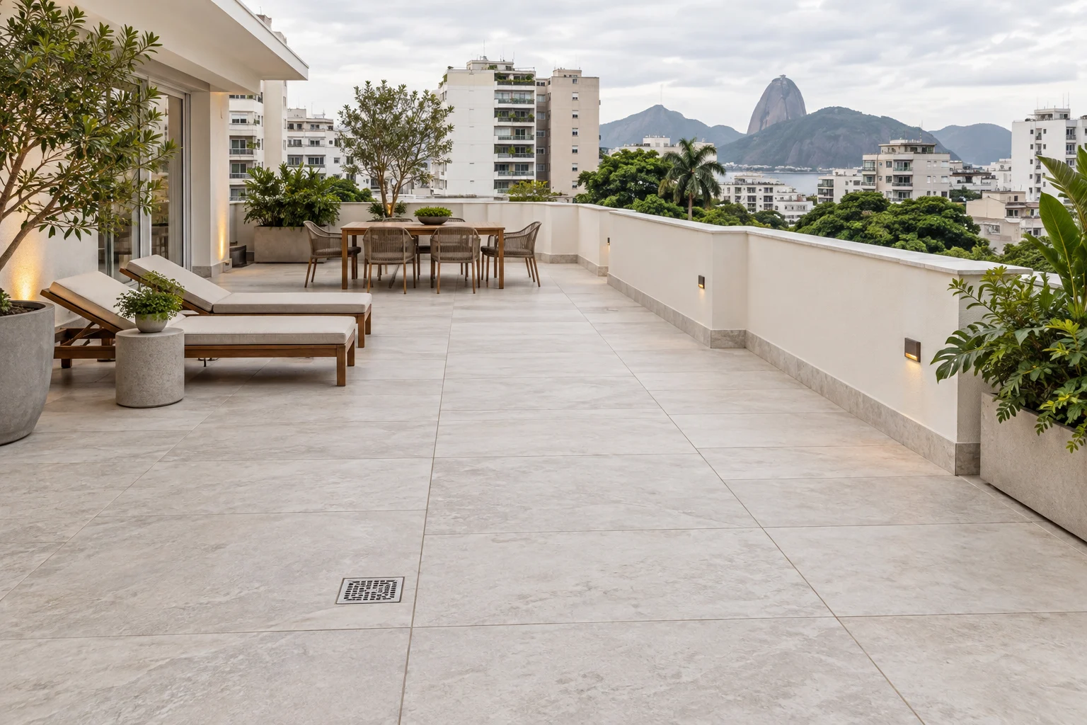 Terraço de condomínio com piso claro e ponto de drenagem.